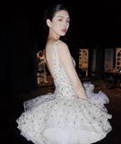 Polka Dot A Line Straps Pleated Chiffon Tulle Short Homecoming Dress Cocktail Dress HZ1023