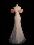 Elegant Mermaid Off the Shoulder Beaded Sequin Tulle Evening Dresses Party Dresses HZ1023