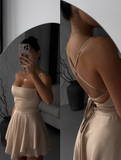 Cute White A Line Spaghetti Strap Satin Short Homecoming Dress Cocktail Dress HZ1023