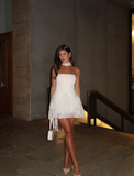 Classic White A Line Appliques Tulle Satin Mini Homecoming Dress Cocktail Dress HZ1023