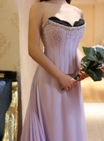 Lilac A Line Sweetheart Neck Beaded Satin Chiffon Long Prom Dress Evening Dress HZ1023