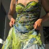 Luxurious Spaghetti Straps Beaded Sequin Ruffles Chiffon Evening Dress Outfits HZ1023