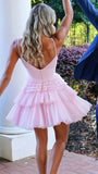 Light Pink Spaghetti Straps Tiered Tulle Homecoming Dress Mini Party Gown HZ1023