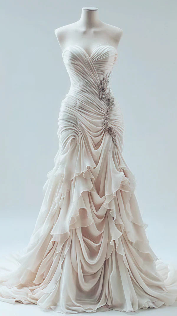 Elegant Mermaid Sweetheart Neck Beaded Ruffle Ivory Chiffon Prom Dress Evening Dress HZ1023