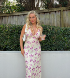 Simple A Line V Neck Print Floral Chiffon Prom Dress Evening Dress HZ1023