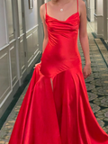 Sexy Mermaid Spaghetti Strap Red Satin Prom Dress Evening Dress with Slit HZ1023