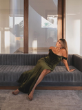 Green Sheath Off the Shoulder Corset Velvet Long Prom Dress Evening Dress with Slit HZ1023