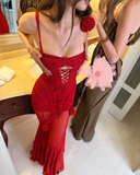 Sexy Mermaid Spaghetti Strap Flower Tulle Party Dress Evening Dress HZ1023