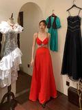 Vintage A Line Spaghetti Strap Red Beaded Sequin Chiffon Long Open Back Prom Dress Evening Dress HZ1023