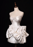 Bow Ivory A Line Sweetheart Neck Lace Satin Mini Homecoming Dress Cocktail Dress HZ1023