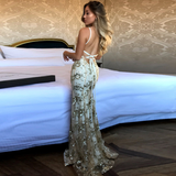 Sexy Mermaid Gold Sequin Tulle Long Backless Prom Dress Evening Dress HZ1023
