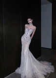 Rhinestone Exquisite Mermaid Spaghetti Strap Beaded Tulle Prom Dress Wedding Dress with Bow HZ1023