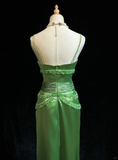 Elegant Green A Line Spaghetti Straps Beaded Pleated Satin Prom Dress Evening Dress HZ1023