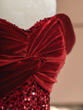 Burgundy Mermaid Off the Shoulder Sequin Velvet Long Prom Dress Party Dress HZ1023