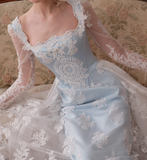 Gentle Baby Blue Satin White Lace Long Sleeve Prom Dress Party Dress Birthday Dress HZ1023