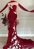 Burgundy Mermaid Sweetheart Neck White Applique Tulle Prom Dress Party Dress HZ1023