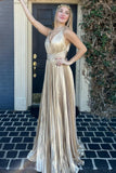 Gold A Line V Neck Satin Backless Long Prom Dress Evening Dress HZ1023