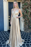 Gold A Line V Neck Satin Backless Long Prom Dress Evening Dress HZ1023