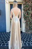 Gold A Line V Neck Satin Backless Long Prom Dress Evening Dress HZ1023