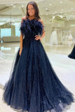 Navy Blue A Line Strapless Sequin Tulle Long Prom Dress with Feathers HZ1023