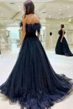 Navy Blue A Line Strapless Sequin Tulle Long Prom Dress with Feathers HZ1023