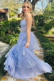 Lavender Tulle Sequin Ruffle Tiered Long Prom Dress Evening Dress HZ1023
