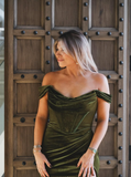 Green Sheath Off the Shoulder Corset Velvet Long Prom Dress Evening Dress with Slit HZ1023