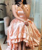 Princess A Line Straps Ruffles Light Pink Satin Prom Dress Evening Dress HZ1023