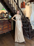 Classic A Line Halter Sequin Champagne Satin Open Back Long Prom Dress Evening Dress HZ1023
