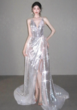 Shiny Silver Sequin Spaghetti Strap V Neck Prom Dress Evening Dress with Slit HZ1023