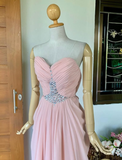 Light Pink Sheath Sweetheart Neck Rhinestone Chiffon Long Prom Dress Evening Dress HZ1023