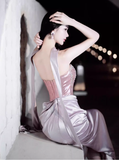 Purple Exquisite Beaded Sheath Strapless Corset Satin Prom Dress Party Dress with Slit HZ1023