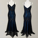 Gorgeous Mermaid Spaghetti Straps Beaded Navy Blue Satin Long Prom Dress HZ1023