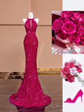 Barbie Pink Mermaid Halter Sequin Open Back Long Prom Dress Party Dress HZ1023