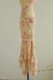 Retro Print Floral Mermaid Spaghetti Strap Beaded Chiffon Prom Dress Evening Dress HZ1023