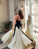 Simple A Line Spaghetti Strap Black White Satin Long Prom Dress Evening Dress HZ1023