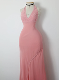 Retro A Line V Neck Pink Beaded Chiffon Prom Dress Evening Dress HZ1023