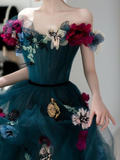 Unique Off The Shoulder Tulle Appliques Long Evening Dress Formal Prom Dress HZ1023