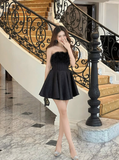 Cute Black A Line Strapless Corset Feather Satin Short Homecoming Dress Cocktail Dress HZ1023