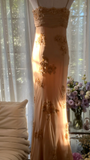 Dreamy Sheath Spaghetti Strap Appliques Chiffon Long Prom Dress Evening Dress HZ1023