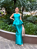 Elegant Sheath Spaghetti Strap Blue Satin Open Back Prom Dress Evening Dress HZ1023