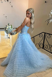Gentle A Line Strapless Appliques Tiered Blue Tulle Prom Dress Evening Dress HZ1023