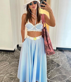 Two Piece A Line Spaghetti Strap Lace Blue Satin Long Evening Dress Outfits HZ1023