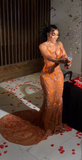 Gorgeous Orange Beaded Applique Mermaid Evening Dress Long Prom Dress HZ1023