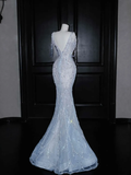 Blue Mermaid V Neck Rhinestone Tulle Long Prom Dress Party Dress HZ1023