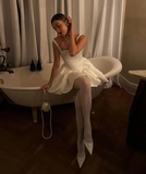 Cute A Line Straps Corset Ivory Satin Short Homecoming Dress Birthday Dress HZ1023