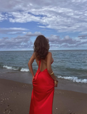 Red A Line Halter Satin Open Back Long Prom Dress HZ1023
