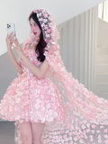 Stunning A Line Strapless Flower Pink Tulle Short Homecoming Dress Cocktail Dress HZ1023