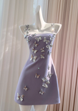 Purple A Line Spaghetti Strap Silver Sequin Butterfly Satin Homecoming Dress HZ1023