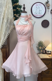 Gentle A Line Halter Pink Chiffon Short Homecoming Dress Cocktail Dress HZ1023